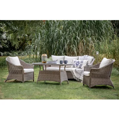 Natural Rattan Garden 3 Seater Cushioned Dining Sofa Set