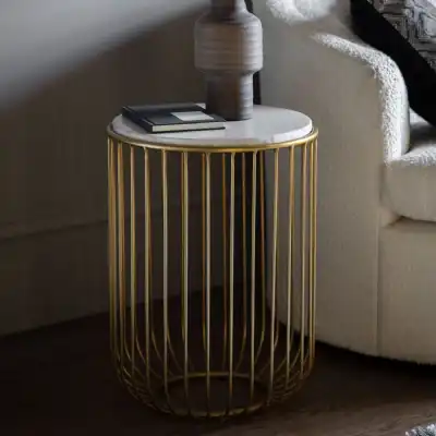 Gold Brass Metal Cage Framed Side Table White Marble Top