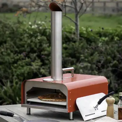 Red Metal Outdoor Pellet Pizza Oven with Ceramic Tile