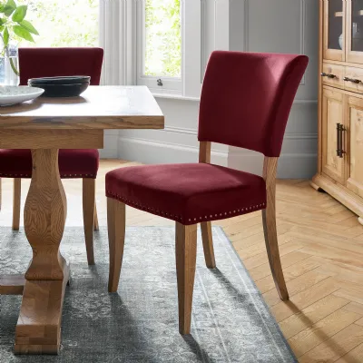 Pair of Red Velvet Fabric Rustic Oak Dining Chairs