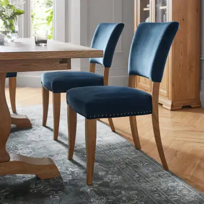 Rustic Oak Dining Chair Dark Blue Velvet Fabric