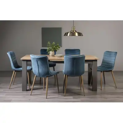 Oak Extending Dining Table Set 6 Blue Velvet Fabric Chairs