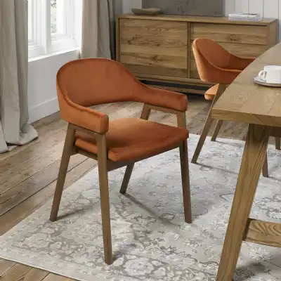 Rust Velvet Fabric Dining Arm Chair Rustic Oak Base