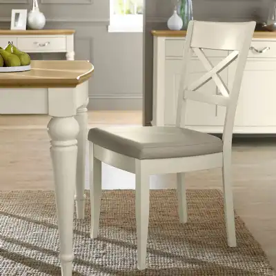 Ivory Painted Cross Back Dining Chair Grey Leather Seat
