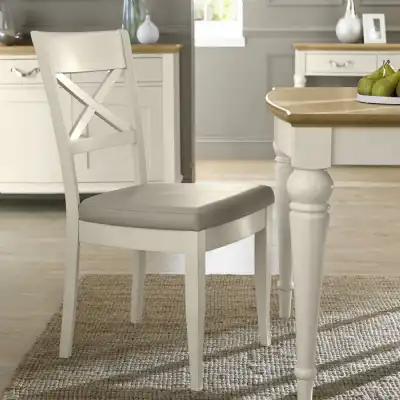 Pair of White Cross Back Dining Chairs Grey Leather Seat Pad