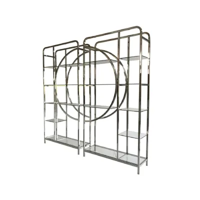 Pair of Large Art Deco Polished Steel Shelving Display Units