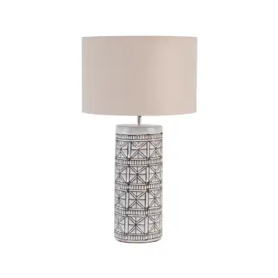 Brown Porcelain Table Lamp with Geo Pattern Shade