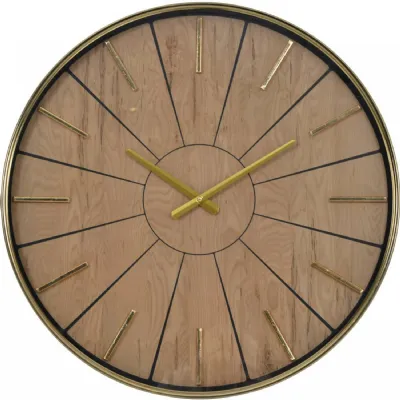 Gold Metal Round Wooden Effect Wall Clock 60cm Diameter