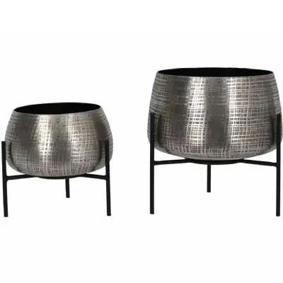 Tabletop Nickel Set of 2 Planters on Black Stands