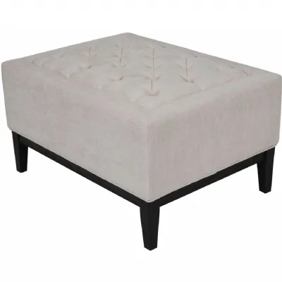 Ivory Fabric Buttoned Stool Black Wooden Frame