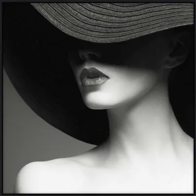 Black 100cm Square Lady in Hat Canvas Wall Art