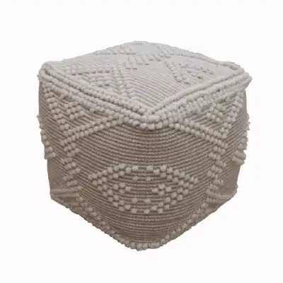 Hand Woven Ivory And Beige Wool And Cotton Pouffe