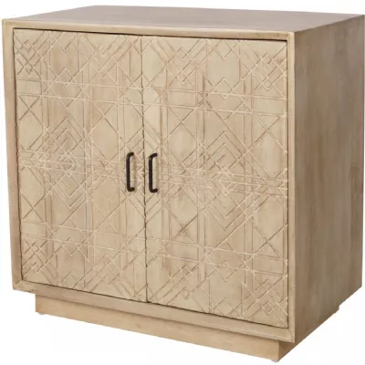 Natural Geometric Carved 2 Door Wooden Cabinet Storage Unit