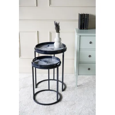 Set of 2 Peacock Print Blue Metal Round Nesting Side Tables
