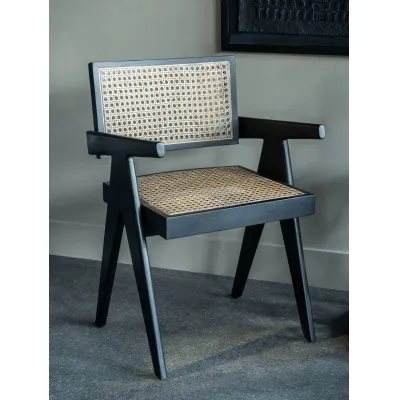 Vintage Rattan Woven Seat and Back Chair Black Frame