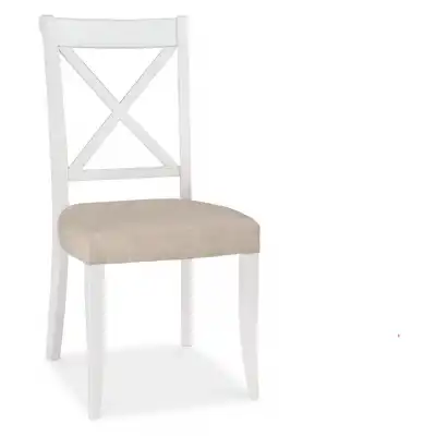 Pair of Ivory Painted Cross Back Dining Chairs Fabric Seat