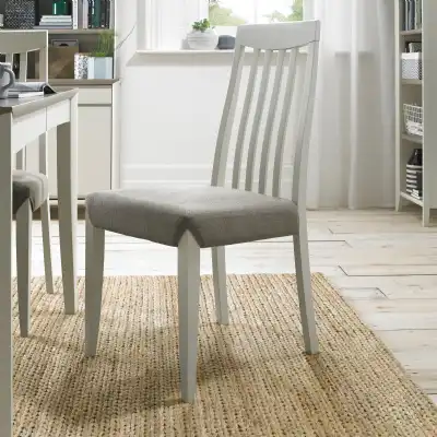 Pair of Grey Painted Slat Back Dining Chairs Grey Seat Pad