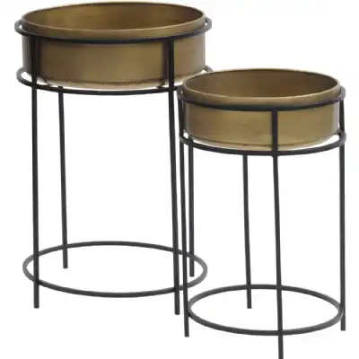 Pair of Gold Planters Tall Black Metal Stands