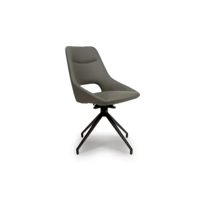 Truffle Grey Leather Swivel Dining Chair Black Metal Legs