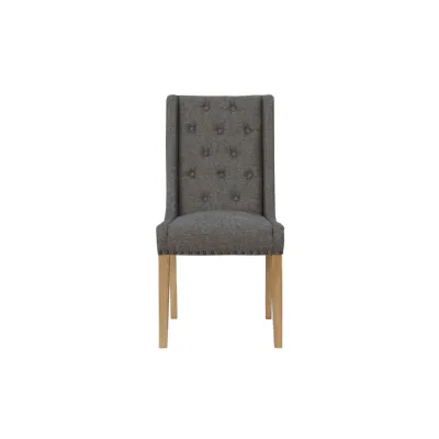 Modern Oak Wood Dark Grey Fabric Upholstered Buttoned Back Dining Chair 103 x 51cm