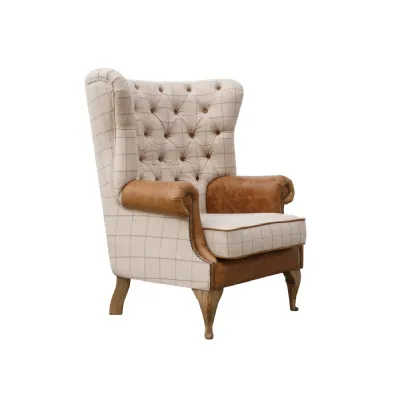 Check Tan Leather Wing Button Back Occasional Chair