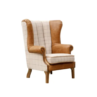 Leather And Fabric Fluted Wing Chair Oak Legs