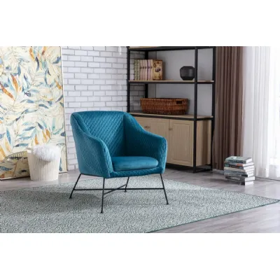 Blue Quilted Velvet Fabric Chair Slim Metal Leg Frame
