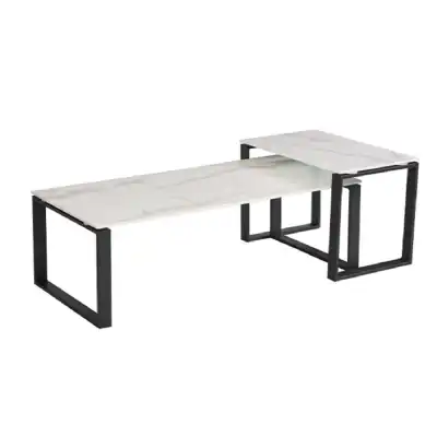Coffee Table Set White Marbled Glass