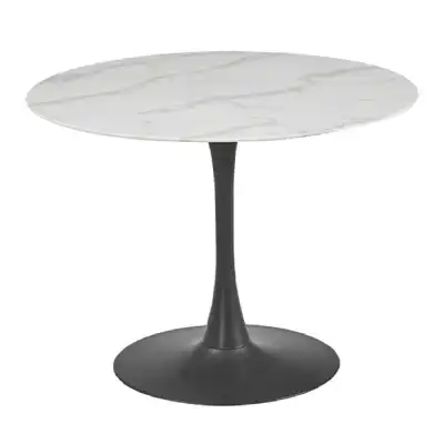 White Marble Top Round Dining Table Black Metal Base