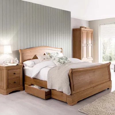 Solid Oak Double Sleigh Bed with Drawers