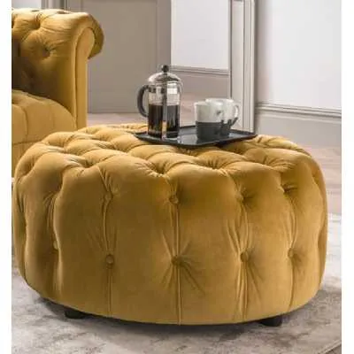 Mustard Yellow Velvet Fabric Upholstered Round Footstool 90cm Diameter
