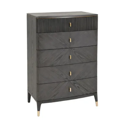 Tall Dark Brown Wood Chest of 5 Drawers with Golden Inlay