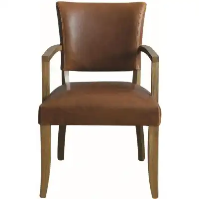 Vintage Tan Brown Leather Dining Arm Chair Oak Legs