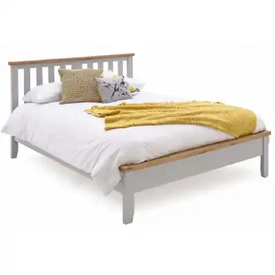 Grey Painted Wooden Double Low Foot End Bed Oak Top