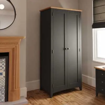 Grey Painted Solid Wood Framed 2 Door Full Hanging Double Plain Wardrobe Oak Top