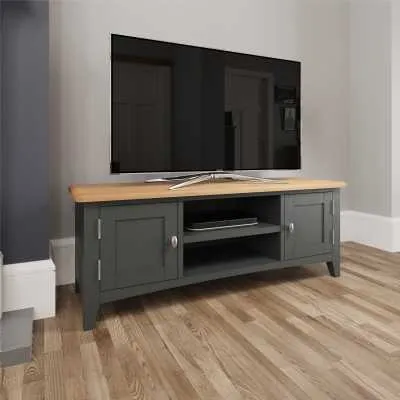 Grey Painted Wooden Large TV Media Entertainment Unit Light Oak Top with 2 Doors