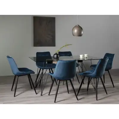 Clear Glass Dining Table Set Blue Velvet Fabric Chairs