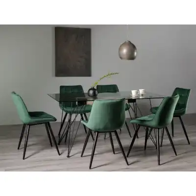Large Clear Glass Dining Table Set 6 Green Velvet Chairs