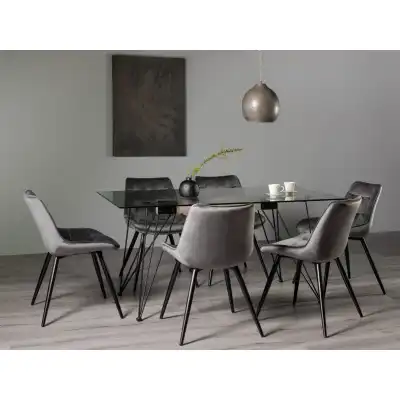 Large Clear Glass Dining Table Set 6 Grey Velvet Chairs