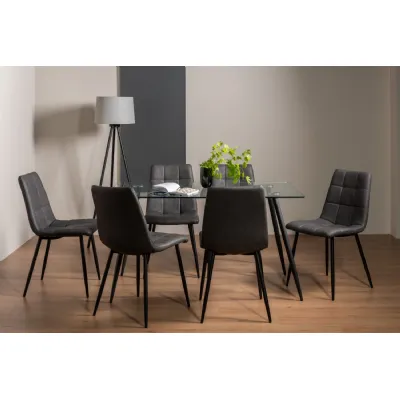 Glass Dining Table Set 6 Dark Grey Leather Chairs