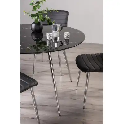 Black Marble Glass 120cm Round Dining Table Nickel Legs