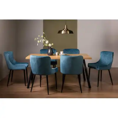 Rustic Oak Dining Table Set 6 Blue Velvet Chairs