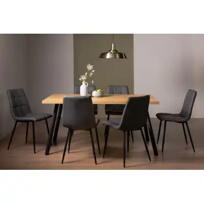 Oak Dining Table Set 6 Dark Grey Leather Chairs