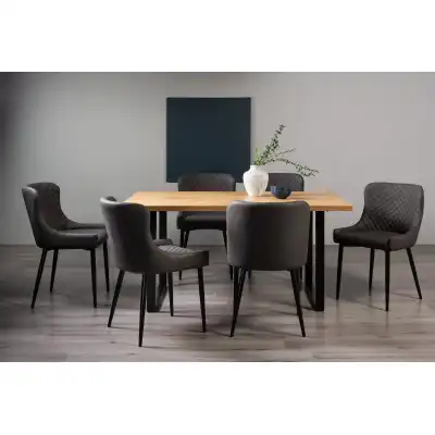 Rustic Oak Dining Table Set 6 Dark Grey Leather Chairs