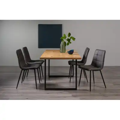 Rustic Oak Dining Table Set 4 Dark Grey Faux Leather Chairs