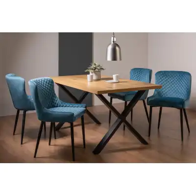 Rustic Oak Dining Table Table Set 4 Blue Velvet Chairs