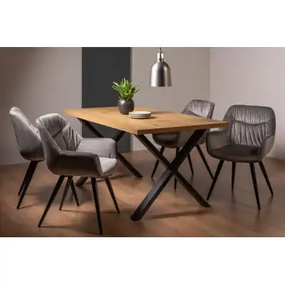 Rustic Oak Dining Set X Legs 4 Grey Velvet Fabric Chairs