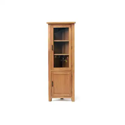 Solid Oak Glazed 2 Door 2 Shelf Corner Display Cabinet
