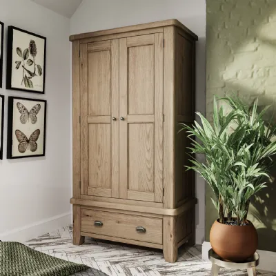 Oak Wood 2 Door Wardrobe with Drawer