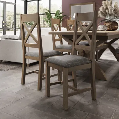 Oak Bistro Dining Chair Grey Check Fabric Seat Pad